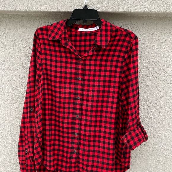 NWOT Calvin Klein Plaid Buttons Long Sleeve Rollup Shirt - Picture 1 of 6